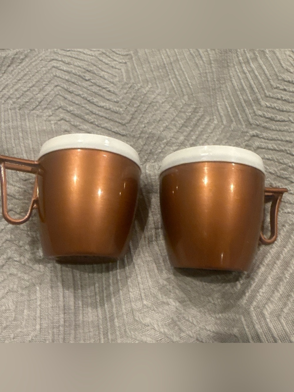 Set of 2 vintage Metallic Copper plastic Coffee Mugs with White Rim